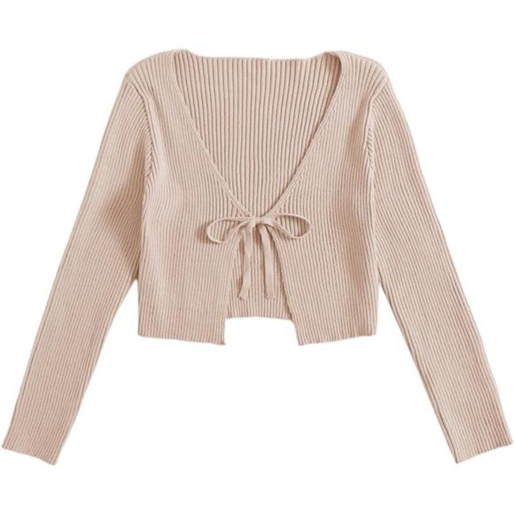 Women's Tie Front Long Sleeve Rib Knit Shrug Sweaters Cardigan Crop Top
